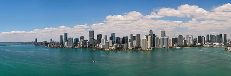 Aerial view of Brickells skyline. Panoramic cityscape of Brickell Miami. Skyscrapers of Brickell. Scenic view of the Brickell financial district. Brickell in Miami Beach.の写真素材