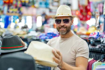 Fashion store. Hat male fashion shop. Man shopping fashion hat. Stylish man in hat boutique. Mature man choosing hat. Expensive fashion male accessories. Fashionable clothes. Statement headwearの写真素材