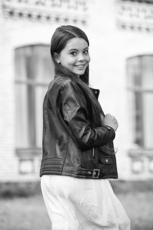Fashion style for teen. Stylish outfit for fall style. Stylish girl in casual leather jacket. Teen girl wear casual style outdoor. Teen fashion girl. Trendy and stylish teenager girl. Teen modelの写真素材