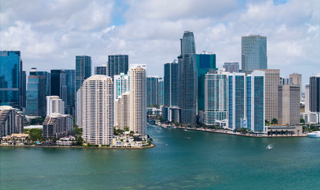 Aerial view of Brickell skyline in downtown Miami. Scenic panorama of Brickell financial district.の写真素材