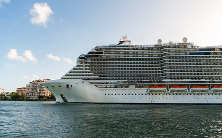 Majestic view of cruise in summer vacation. Cruise ship tour and travel at sea. Trip on luxury liner...