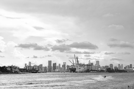 Miami skyline. Miami beach city downtown. Seaport and building skyscraper. Cityscape of Miami downtown. Florida with modern skyscrapers in downtown Miami. Skyline marina cityscape. Sunset viewの写真素材