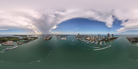 Panorama of Miami skyline and Biscayne Bay. Panoramic cityscape with coastal skyscrapers. Scenic...