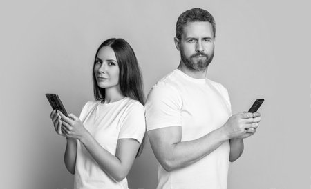 Messaging and texting. Connected online. Chatting on phone. Couple chat online. Family couple...