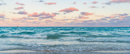 Sea sunset on ocean. Sunset seascape at summer vacation. Sunrise with sea beach. Dramatic sunrise horizon at sea. Romantic summer vacation on sunset seascape. Serene horizonの写真素材