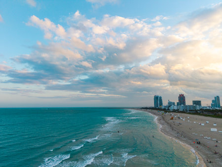 Top view of South Miami. Scenic drone view of Miamis famous coastline. Miami skyline with skyscrapers. Aerial view of Miami in summer. Miami shore with skyscrapers.の写真素材