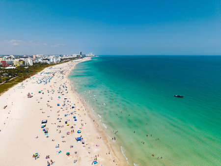 Aerial view of Miami beach coastline. Skyline and skyscrapers at Miami Beach. Summer Miamis vibes. Panoramic cityscape of Miami Beach. Miami skyline at daylight.の写真素材