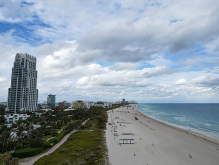 Top view of South Miami Beach and the ocean. Miami skyline with skyscrapers. Aerial view of Miami in summer. Miami shore with luxury buildings.の写真素材