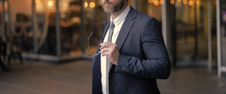 Businessman represent leadership. Business vision and success. Vision of success. Successful leader businessman in suit. Business man look in glasses. Man has vision to success. Cropped viewの写真素材