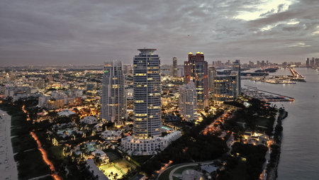 Miami South beach at night. Aerial view on skyscraper cityscape at night. Night city aerial view....