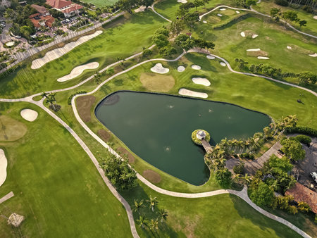 Aerial landscape in relax area. Lake in summer park. Relax area landscape aerial view. Luxury vacation at lake. Aerial view Miami landscape, Florida. Nature recreation. Aerial view on lake in parkの写真素材