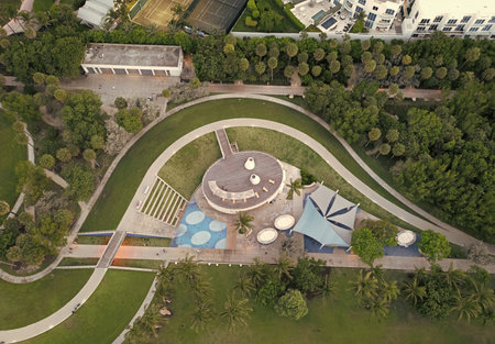 Aerial view on lounge zone in park. Aerial landscape in South Beach. Park in summer. Lounge relax area landscape aerial view. Luxury vacation. Aerial view Miami landscape, Floridaの写真素材