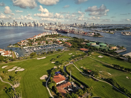 Miami, Florida, USA - June 07, 2024: Fisher island aerial view. Panorama aerial drone view of Fisher island, Miami. Miami beach from drone. Miami panorama, Florida. Panoramic view of Fisher islandの写真素材