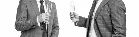 businessmen dealing isolated on white. celebrate business partnership. two businessmen partner celebrating business deal with champagne. successful partnership in business deal. cropped viewの写真素材