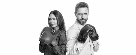 businesspeople ready to fight. working competition. businesspeople in boxing gloves isolated on white. business competition. corporate competition between business partners. Industry titansの写真素材