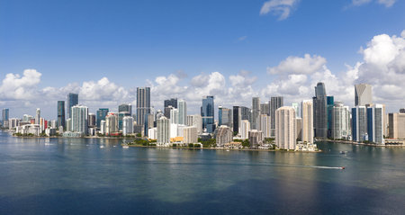Aerial panorama of Brickell in Miami. Downtown Miami skyline on a sunny day. Scenic view of Miami Beach and Brickell. Miamis Skyscrapers. Brickell famous landmarks. Miami downtown landscape.の写真素材
