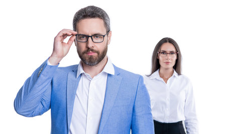 successful businesspeople. business coworkers isolated on white. two businesspeople in formal suit. ambitious businesspeople support. professional business leader with manager. selective focusの写真素材