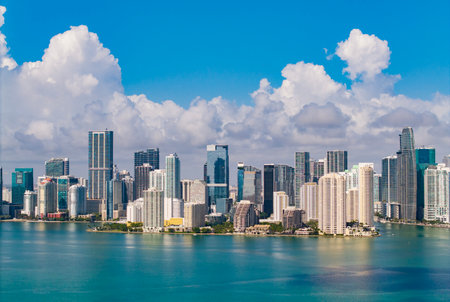 Aerial view of Brickell skyline in downtown Miami. Skyscrapers above Miami. Scenic panorama of...