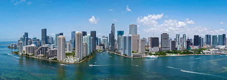 Aerial panorama of Brickell in Miami. Downtown Miami skyline on a sunny day. Scenic view of Miami Beach and Brickell. Miamis Skyscrapers. Brickell famous landmarks. Miami downtown landscape.の写真素材