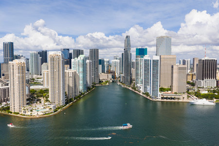 Aerial view of Brickell skyscrapers. Modern cityscape of downtown Miami. Panoramic Miami skyline above the coastline.の写真素材
