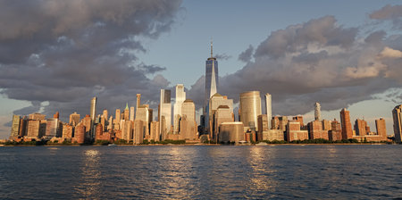 Manhattan with NY city skyline. Cityscape of NYC Manhattan. Skyscraper cityscape of downtown city of New York, Manhattan. Manhattan cityscape with skyscraper architecture. Panoramic viewの写真素材
