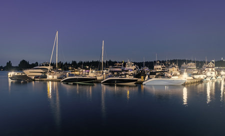 Luxury yacht in night marina. Luxury yacht at night. Night view. Yacht club. Marina in night. Summer vacation. Downtown city marina with luxury illuminated yacht. Docked vesselsの写真素材