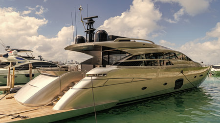 Docked yacht at sea. Sea vacation on summer. Luxury boat motor yacht in marina. Luxury yacht heading out to sea from marina. Boating and yachting tourism. Luxurious lifestyle. Vacation on summerの写真素材