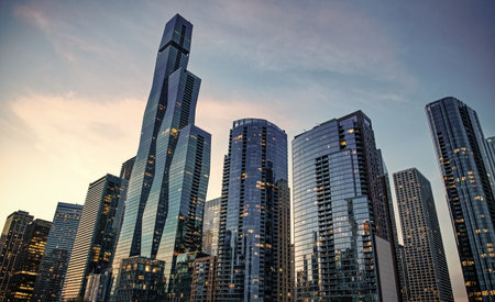 Skyscraper in city. City downtown with skyscraper. Office building business district. Modern building. Chicago city. High perspective. Skyscraper building architecture. Business skyscraper of glassの写真素材