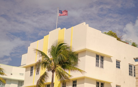 Architectural district Art Deco. Modern building of Miami beach. Ocean drive. Miami Beach in Ocean Drive Florida. Art Deco building architecture. Architectural building. Art deco. American flagの写真素材