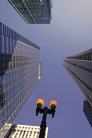 Modern glass building. Skyscraper in city downtown. City downtown with skyscraper. Office building in business district. Skyscraper building architecture. Business skyscraper of glass. Cityscape viewの写真素材