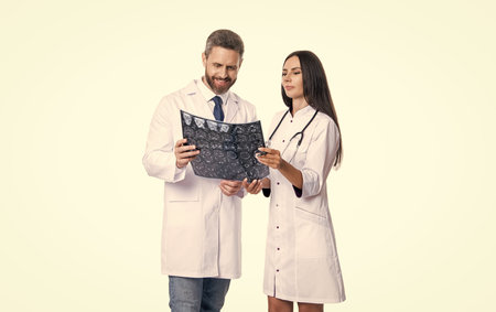 medicine concept. doctor hold xray of nuclear medicine. Medicine doctor look at mri isolated on white. Doctor analyzing brain scan for damage or disease. healthcare and medicine. Doctor diagnosisの写真素材