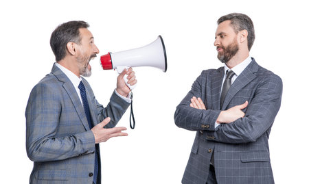 promotion concept. business idea promotion. businessman with megaphone isolated on white. business man promoter solving promotional conflict. businessman promoting idea for business. negotiationの写真素材