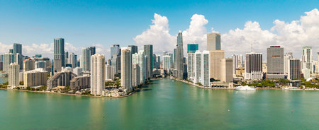 Panorama of Miami skyline. Panorama cityscape of Brickell Miami. Scenic drone view of Florida coastline. Miami skyline with skyscrapers.の写真素材