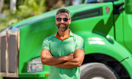 Handsome man driver in front of green truck. Trucking owner. Truck driver. Man trucker driver near lorry truck. Transportation vehicles. Semi trucks vehicle. Hispanic man trucker. Eco serviceの写真素材