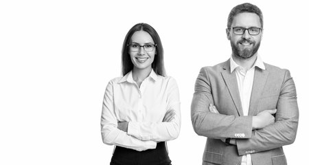 business leadership and success. leader representing leadership. successful businesspeople. business leader isolated on white. colleagues in office. businesspeople with coworker. copy space bannerの写真素材