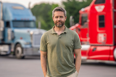 Hispanic man trucker. Handsome man driver in front of truck. Trucking owner. Truck driver. Man trucker driver near lorry truck. Transportation vehicles. Semi trucks vehicle. American semi truckの写真素材