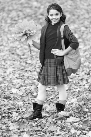 School education. Autumn girl in uniform hold fall leaves outdoor. Stylish teen girl at school break. Back to school. Autumn fall leaves. Knowledge and education. Knowledge day. High schoolの写真素材