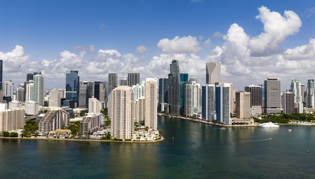 Panorama of Brickell in Miami. Panorama of Miami skyline on a sunny day. Panorama view of Miami Beach and Brickell. Brickell famous panorama. Miami downtown landscape.の写真素材