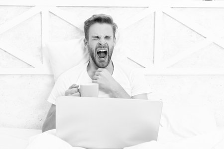 Morning coffee online. Freelancer in bed. Millennial man work on laptop at home. Man lying in bed and surfing internet on laptop. Work from home online on laptop. Weekend workaholic. Lack of sleepの写真素材