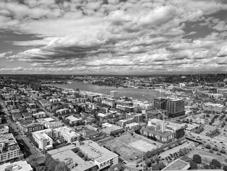 American modern Seattle district. Architecture of metropolis city cityscape. Aerial view of Seattle landscape. Space needle aerial landscape view. Panorama aerial Seattle cityscape. Washington, USAの写真素材