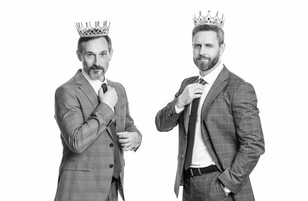 businessman boss in suit. business leader man in crown. big boss. business success and leadership. successful businessman boss isolated on white. motivation and rewardの写真素材