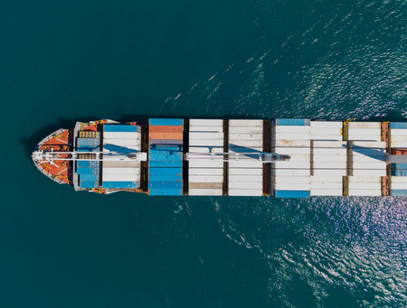 Freight container on cargo vessel. Cargo ship vessel leaving port. Container ship. Export and...