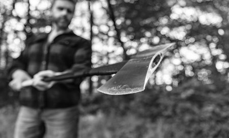 Cutting wood. Sharp blade. Brutality and masculinity. Lumberjack with axe in selective focus. Brutal...