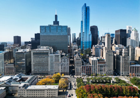 Cityscape with business city district. Chicago cityscape skyline architecture. Skyscraper business...