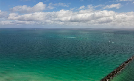 Calm horizon view at sea nature. Romantic summer vacation view on seascape. Sea horizon view. Cloudy sky and seascape at summer vacation. Skyscape with sea horizon. Clear waterの写真素材