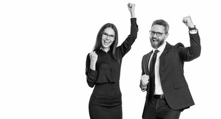 Business corporate party after successful deal. Successful businesspeople celebrate deal isolated on...