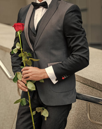 elegant man in black tuxedo. man wearing tuxedo outdoor. cropped view of tuxedo man with red rose.