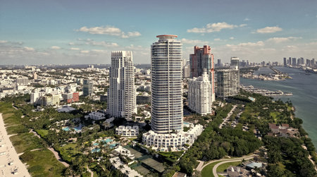 Florida panorama. Skyscraper architecture of Miami. Luxurious vacation. Miami South beach landscape...