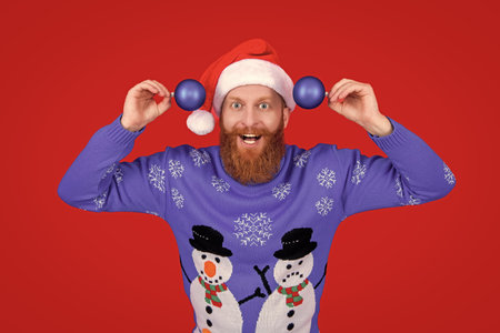 Happy New Year. Xmas holiday celebration. Santa man at New Year. Winter holiday for man in Santa...