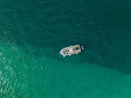 Motorboat tour by summer sea. Luxury yacht boat at sea. Summer vacation. Luxury yacht boat top view....